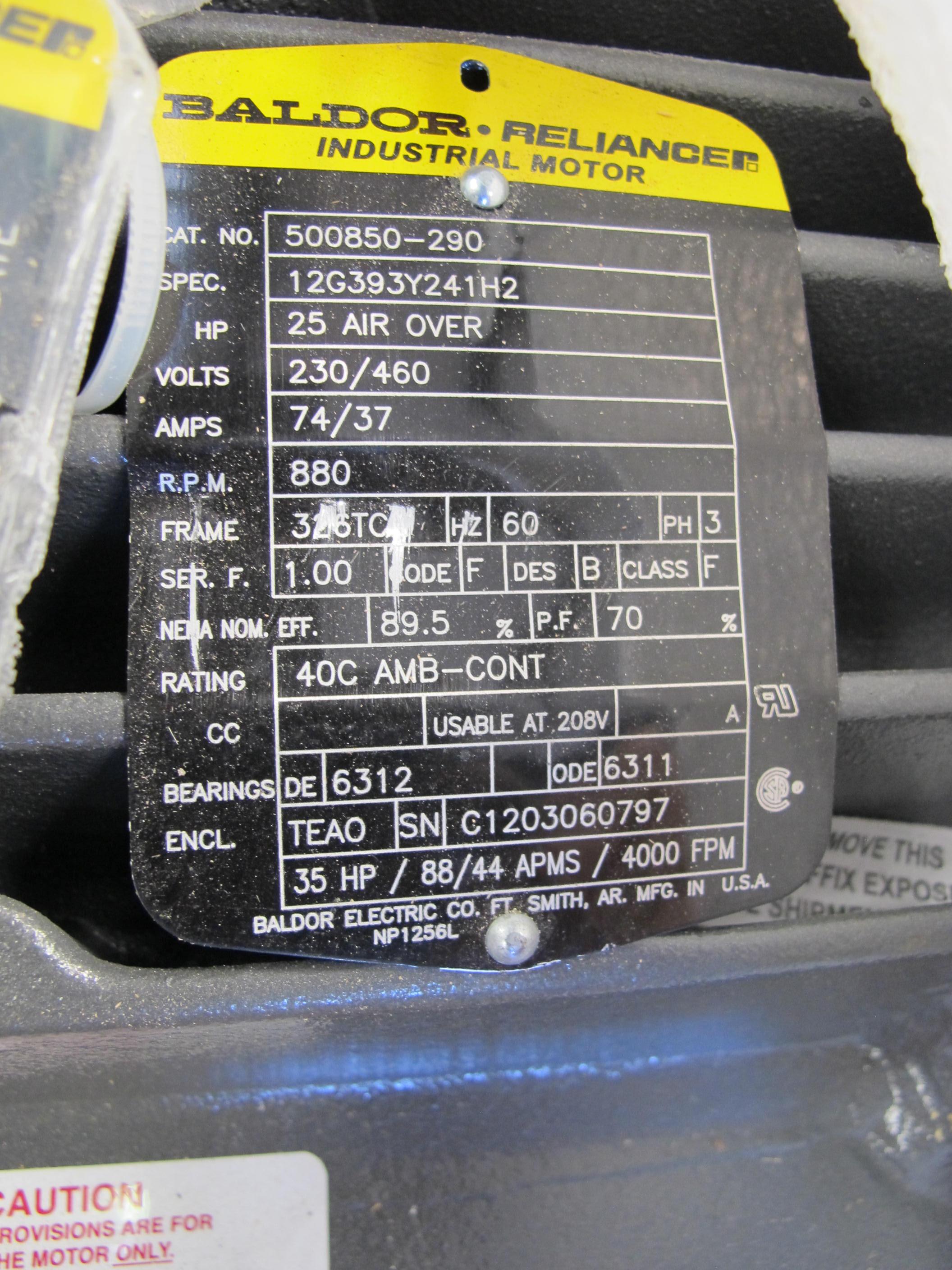 MOTOR, ELECTRIC TYPE, 25 HORSEPOWER, 460 V, 326TCZ FRAME, INSUL CL F, SHIELDED BEARINGS. FOR USE WITH FAN BLADE ASSEMBLY 00525110-00029, PART # 00500850-00290 (W-44) LOADING & HANDLING FEE $15-